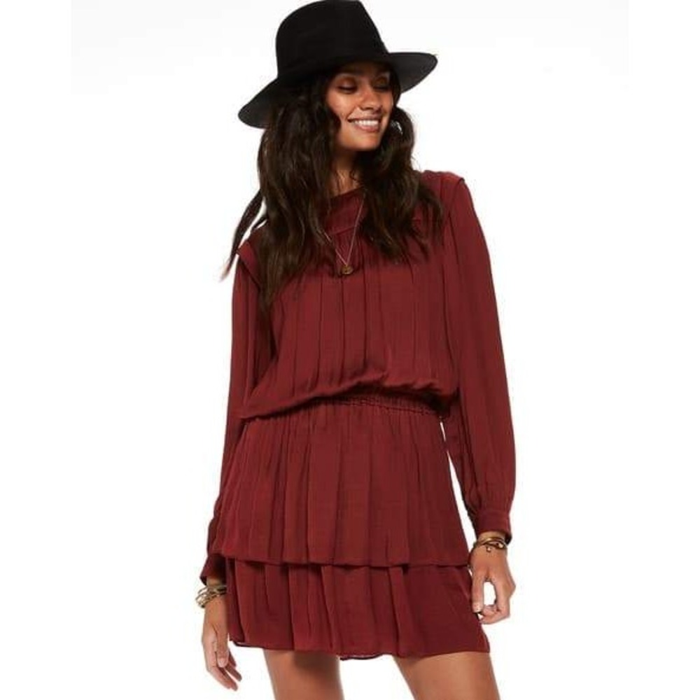 Scotch & Soda 58O Burgundy Tiered Long‎ Sleeve Smocked Waist Mini Dress Large